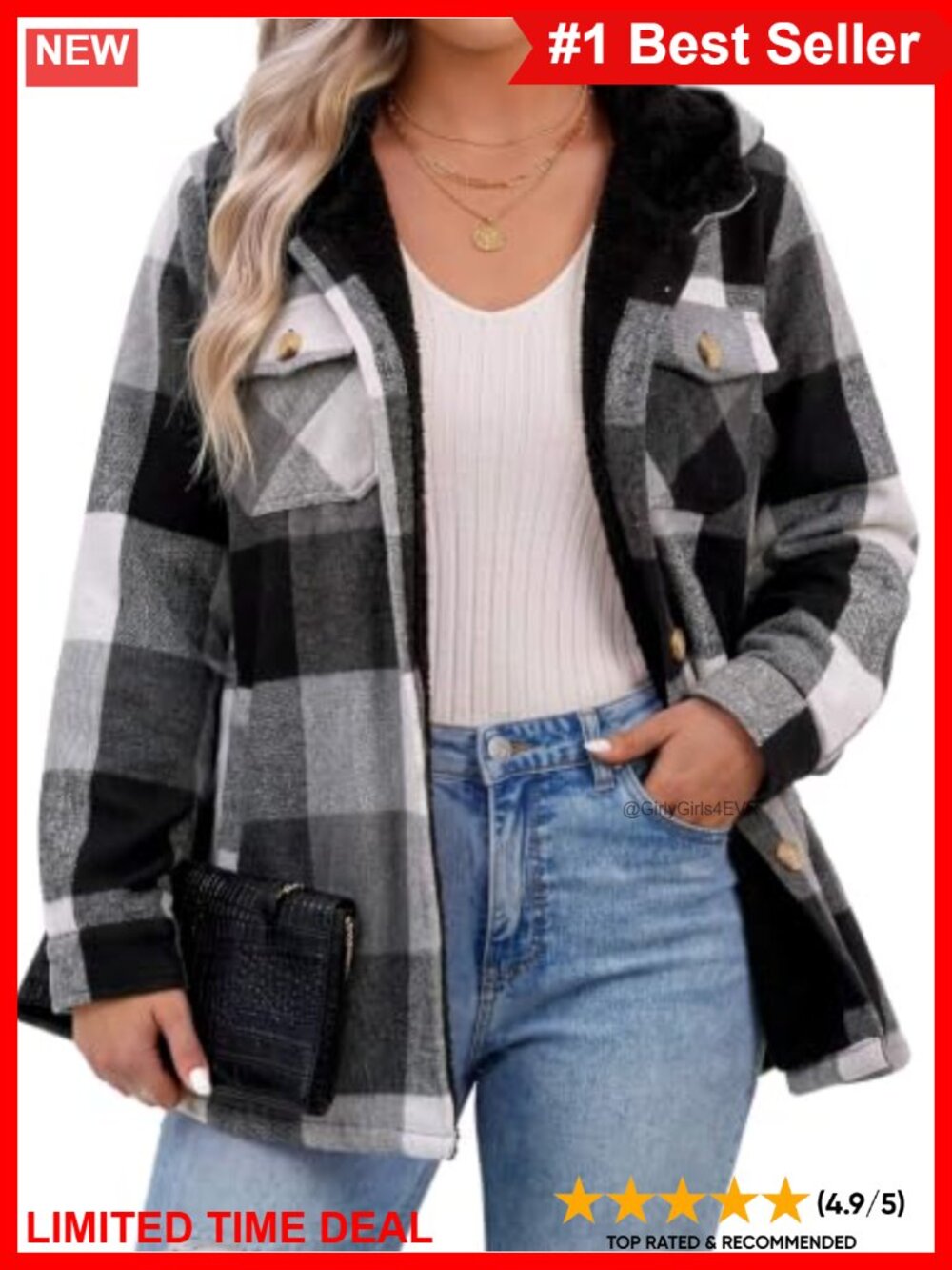 Plus Size Plaid Shacket Fleece Hooded Button Down Casual Jacket